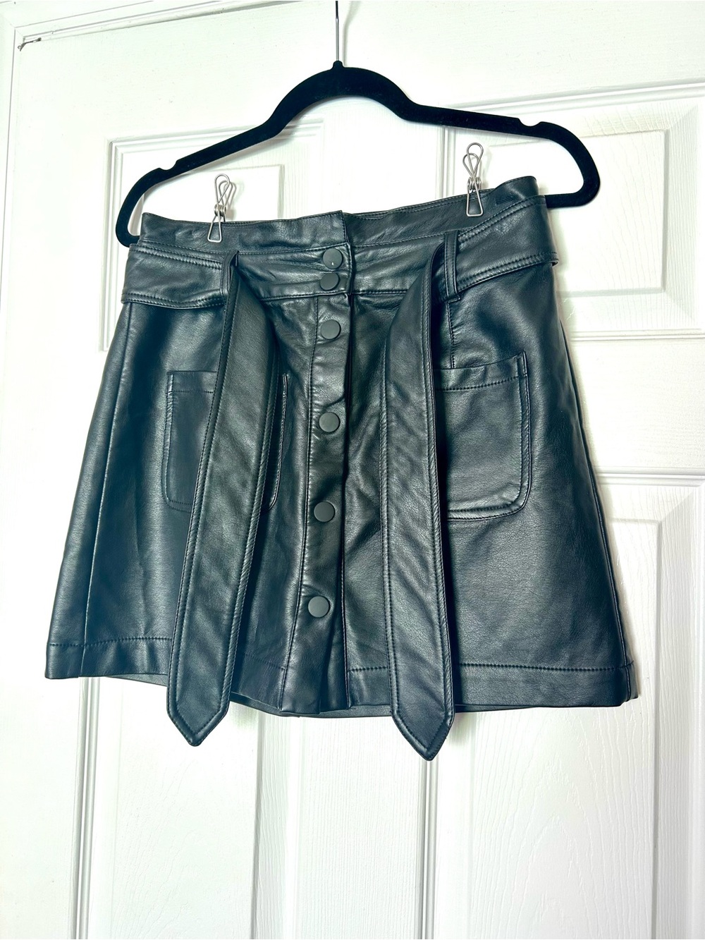 TGLA High-Rise Black Faux Leather A-Line Mini Skirt Tie Belt Size S